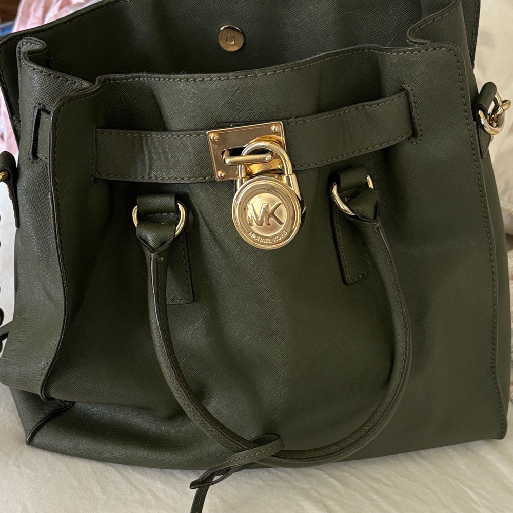 Michael Kors Dark Green Satchel with Gold Accents
